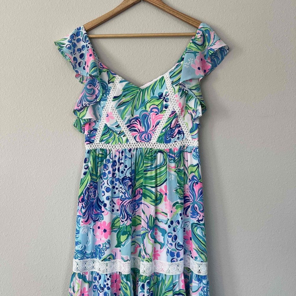 Lilly Pulitzer 6 Ivie Maxi Dress Kitten Around Fit & Flare Flutter Sleeve Lace - Picture 5 of 12